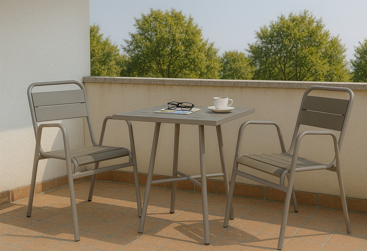 Απεικονίζεται το παγκάκι σε μια βεράντα.